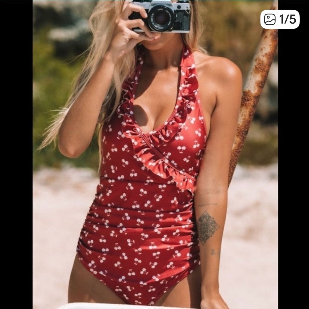 Red Floral Halter One-Piece Swimsuit